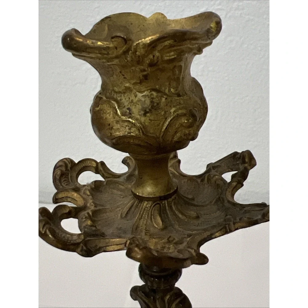 Antique Rococo Gilt Copper Bronze Floral Ornate Scrolled Candlestick Marble‎